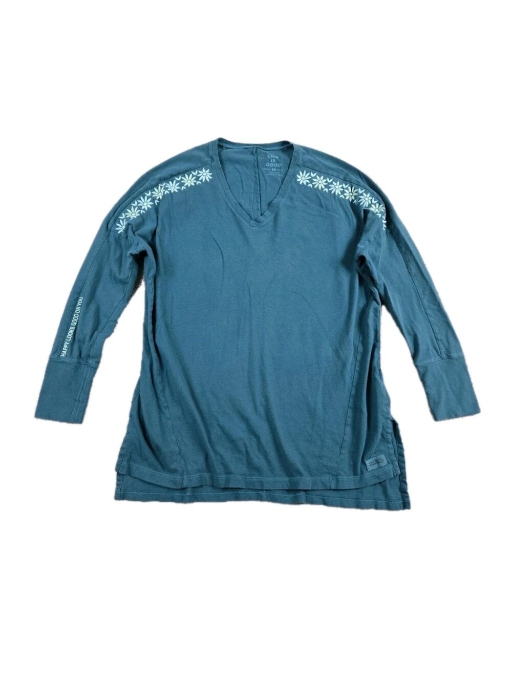 Life Is Good Womens Tunic Top Teal Sz M Long Dolman Sleeve Embroidered Floral